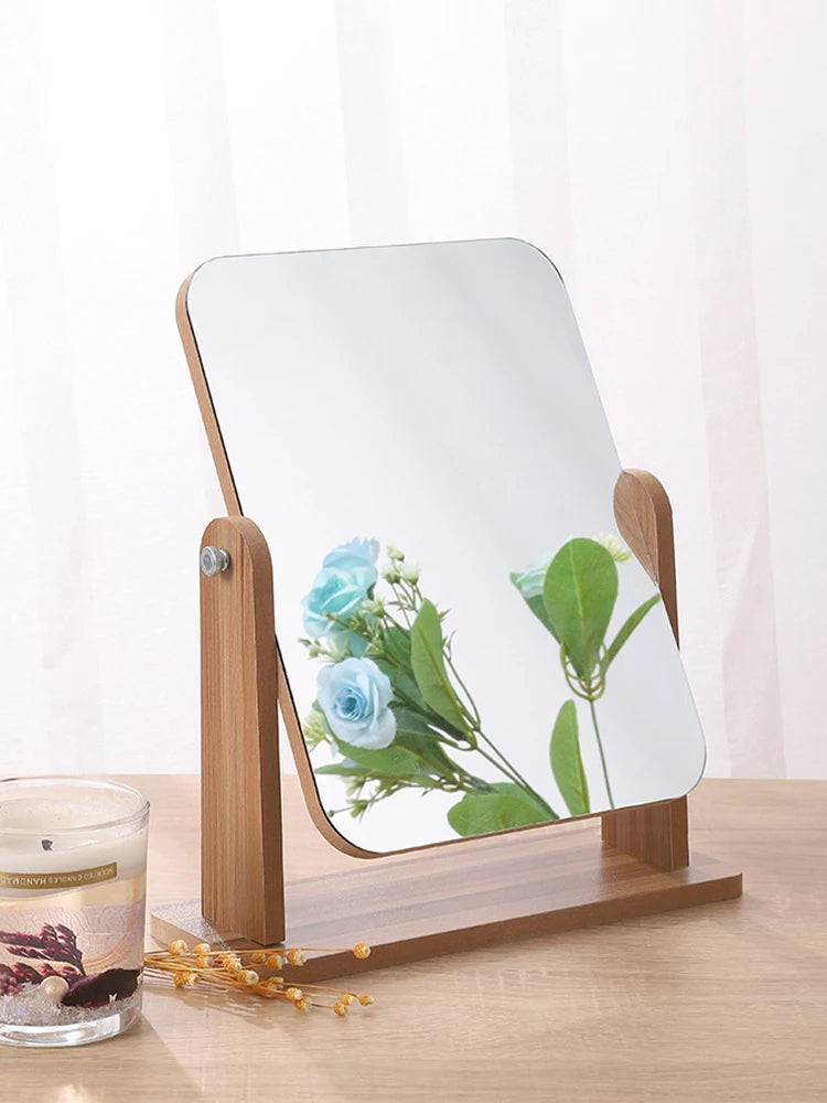 Vanity Makeup Mirror 360° con base in legno naturale, specchio da trucco elegante e moderno per toeletta o bagno